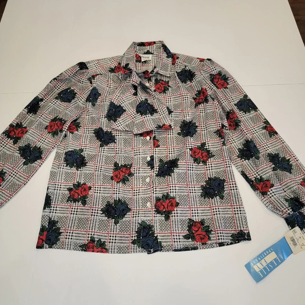 Vintage Leslie Fay Sportswear Floral Gingham Puff Sleeve Tie Button Up Top NWT! - Picture 4 of 16
